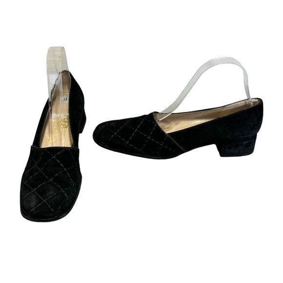 Salvatore Ferragamo Quilted Suede Square Toe Chunky Heels Size 9.5 Classic - Picture 1 of 13